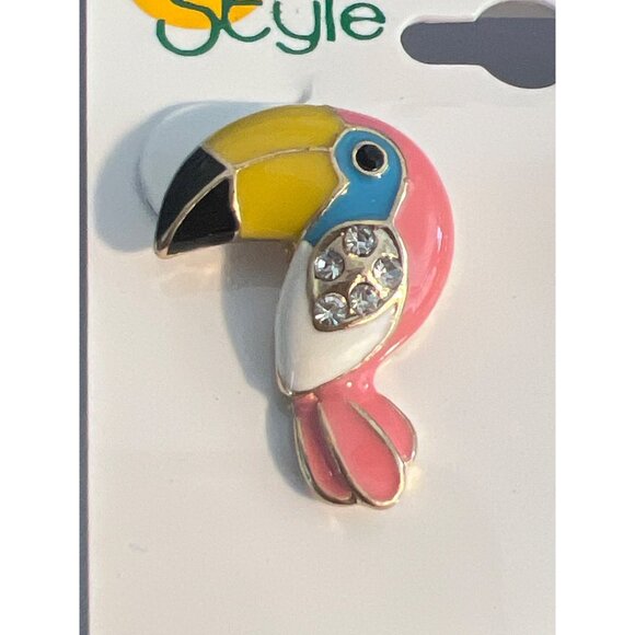 Southern Style Toucan Flamingo Earrings Gold Tone Enamel Rhinestones 7/8" NEW - Picture 2 of 4